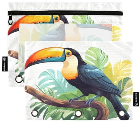Mnsruu Federmäppchen mit 3 Ringen, tropischer Vogel auf Ast, mit Reißverschluss, transparentes Fenster, Schreibwaren-Tasche zur Aufbewahrung von Schul- und Bürobedarf, 2 Stück, mehrfarbig,