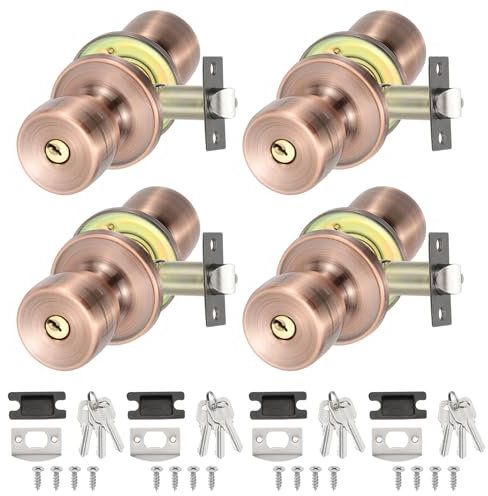PATIKIL Key Entry Door Knobs Interior, 4 Pack Round Zinc Alloy Bedroom Bathroom Door Knob with Lock Entry Indoor Outdoor Door, Red Bronze