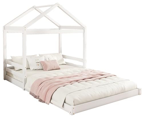 SOFTWEARY Hausbett mit Lattenrost, 140x200 cm, Holzbett aus Kiefer, Kinderbett, Doppelbett, weiß