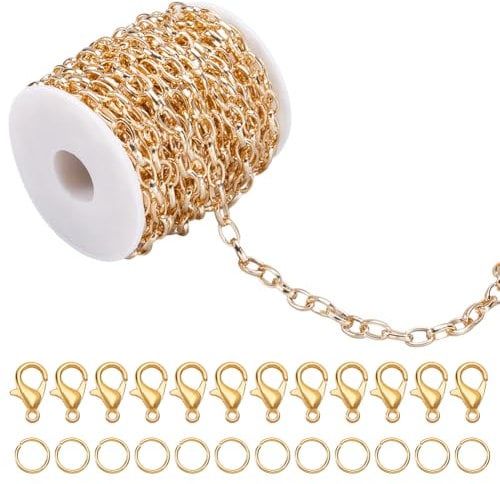SOFPLATE 39 Feet/12M Oval Cable Chain Gold Link Chain Roll with Jump Ring and Lobster Clasp 11×7mm Aluminum Unwelded Paperclip Connectors Chains Kits for Jewelry Making Necklace Bracelet DIY Crafts