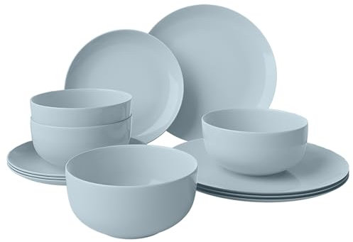 Yoshy Vajilla de porcelana de hueso azul de 12 piezas con diseño ligero y duradero resistente a las astillas, servicio para 4 personas