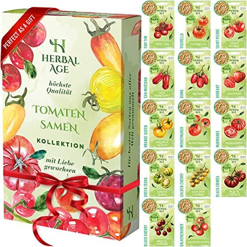 HERBAL AGE Garten Tomaten Samen Set - 14 Sorten Tomatensamen - San Marzano Tomaten, Alte Sorten, Gemüse Samen Set, Gemüsesamen - Pflanzensamen und Wintergemüse Samen