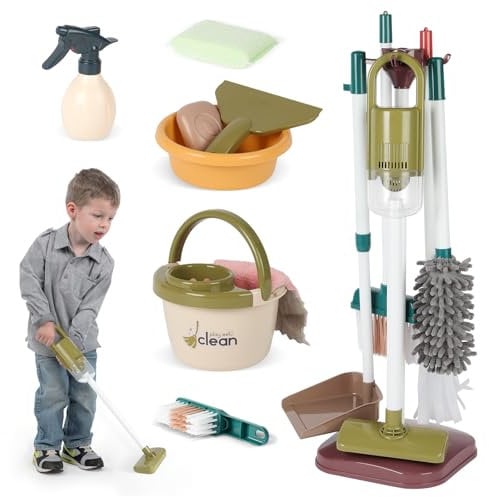 Vicloon 14 Piezas Set Limpieza Juguete, Juguete para el Hogar Juego de Simulación con Aspirador, Escoba, Cubo, Fregona, Paño, Cepillo, Recogedor etc, Juguete de Limpieza para Niños a Partir de 3 Años