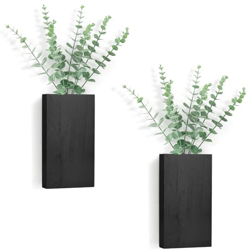 Dahey 2 Pack Wood Wall Planter Vase with Artificial Eucalyptus Farmhouse Wall Hanging Decor Pocket Planter for Indoor Fake Plants Greenery, Living Room Bedroom Kitchen Home Office Decoration, Black