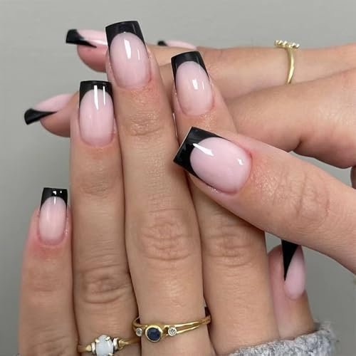 Black-edge French Square Fake Nails, Medium Long Glossy,Glossy Fake Nails with Glue, Comfortable Fit Stick on Nails,Long Lasting Full Cover French Tip for Women and Girls Nail Manicure