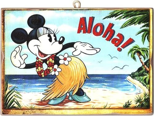 Disney Bild im Vintage-Stil Serie Cartoon Comics American Minnie Mouse Aloha für Wohnkultur Druck auf Holz 25 x 18 cm