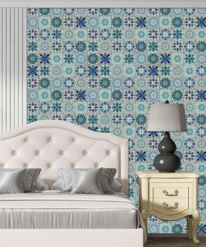 Sticky Back Plastic Blue Green Mandala Kitchen Wallpapers Bedroom Peel and Stick Waterproof Sticky Back Plastic Roll Furniture Worktop Vinyl Covering Art Deco Self Adhesive Wallpaper 2P (45x100 cm)