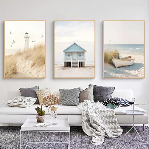 Ueiwffzo 3er Poster Set, Strand Natur Szenerie Modern Wandbilder Leinwand Bilder Set, Meer Wellen Wandposter OHNE Rahmen Leinwand Wohnzimmer Deko Schlafzimmer Wanddeko (30x40cm,Stil B)