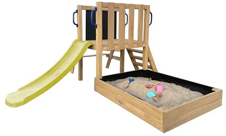 AXI Leah Mini Spielturm aus Holz in Braun mit hellgrüner Rutsche | Kleiner Spielturm für Kinder mit Sandkasten, Picknicktisch und Kreidetafel | Spielgerät für den Garten