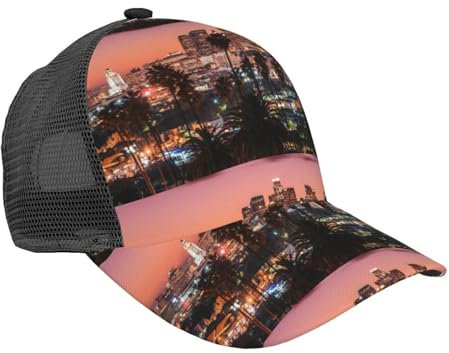 HKHLHLH Los Angeles Sommer-Trucker-Mütze, Motiv: Palmen, Netzrücken, Baseballkappe, verstellbar, klassisch für Damen und Herren, für Reisen, Schwarz , Einheitsgröße