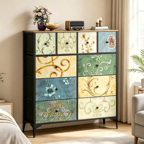 Wumagin Cómoda con 10 Cajones de Tela, de Tres Pisos, Tocador Bohemio, Cajonera de Tela con Marco de Acero Resistente para Espacios Pequeños, para Habitación de Salón, Pasillo, Dormitorio, Oficina