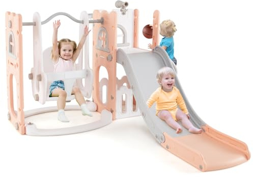 COSTWAY Toddler Swing and Slide Set, 7 in 1 Freestanding Kids Slide Playset with Swing, Basketball Hoop, Ladder, Telescope & Storage Space, Indoor Playground for Ages 1-3 (Pink + White + Grey)