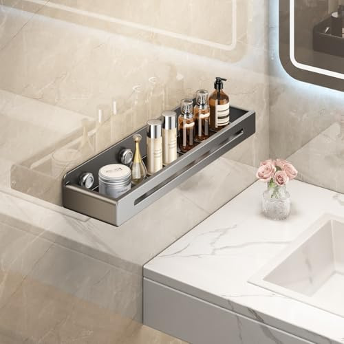 Voldra Bathroom Shelf No Drilling, Stick On Shower Caddy Self Adhesive Shower Storage Rack Wall Mounted Bathroom Sink Organiser Wall Storage No Drill Shelf (50 cm, Gray)