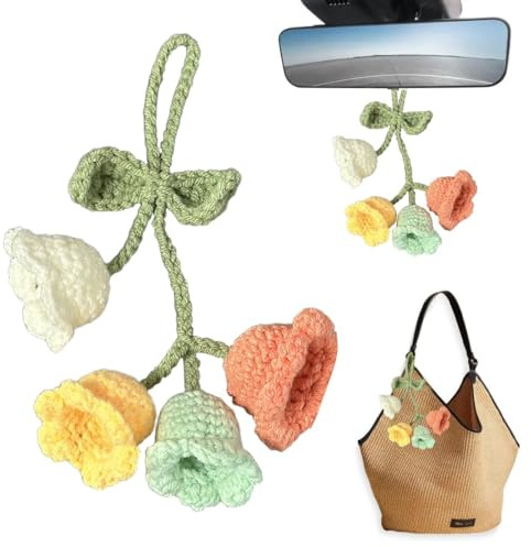 COYUN auto accessoires, auto anhänger für spiegel, Gehäkelte Rückspiegel Auto Ornament,Niedliche Maiglöckchen Auto Rückspiegel Dekoration Handgefertigt Gestrickt Anhänger für Autospiegel Türen Zuhause