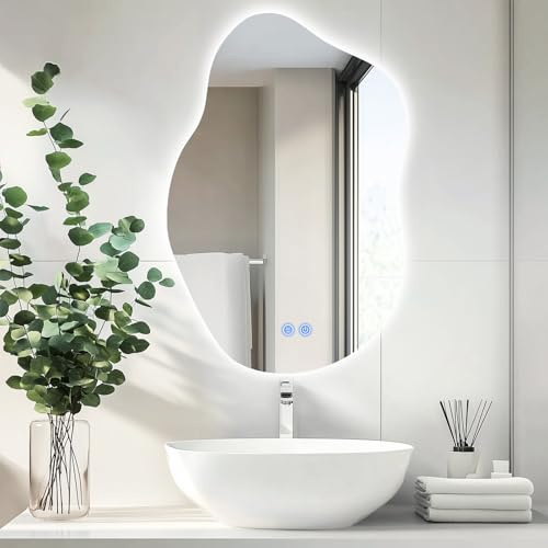 ColdShine LED Badspiegel Asymmetrisch 80 * 55cm mit Beleuchtung Wandspiegel | 3 Lichtfarben, Dimmbar, Anti-Beschlag, Moderner Silber fürs Badezimmer mit Touch-Sensor