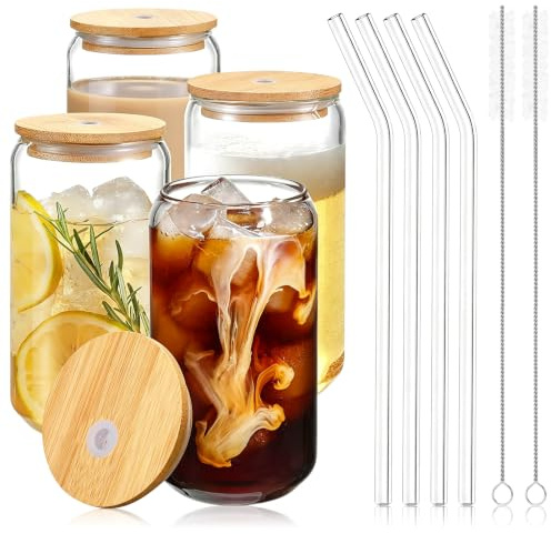 Ezwaasu 4 Piezas 500 ML Vasos de Cristal Agua, Vasos Cafe Cristal | Vasos para Beber con Tapas de Bambú y Popotes, Vaso de Cristal para Batidos, Latte, Whisky, Cafe, Apto para Lavavajillas