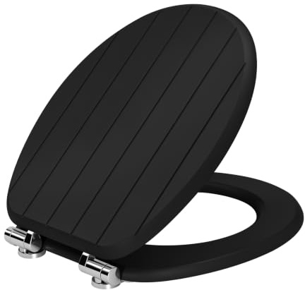 WOLTU Toilettendeckel mit Absenkautomatik, WC Sitz O-Form aus MDF, Scharniere aus Edelstahl, mit 3D-Streifenmuster, bis 175 kg belastbar, Schwarz