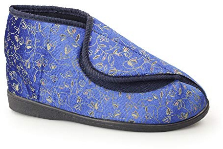 Ladies Navy Floral Velour Washable Touch Fastening Bootee Slipper - Geraldine - Navy Floral - size UK Ladies Size 3