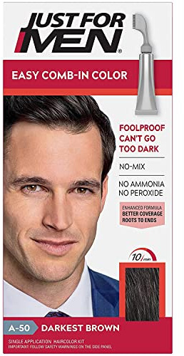 Just For Men Easy Comb-In Color (Formerly Autostop), Gray Hair Coloring for Men with Comb Applicator Included, Easy No Mix Application - Darkest Brown, A-50 (Packaging May Vary)