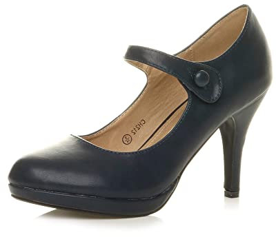 Ajvani Womens Ladies mid high Heel Mary Jane Strap Evening Court Shoes Pumps, 6 UK, Blue