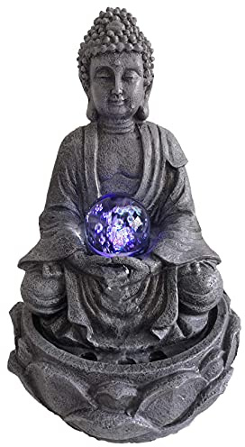 DRULINE LED Zimmerbrunnen LOTUS Buddha Figur Glaskugel 30 cm