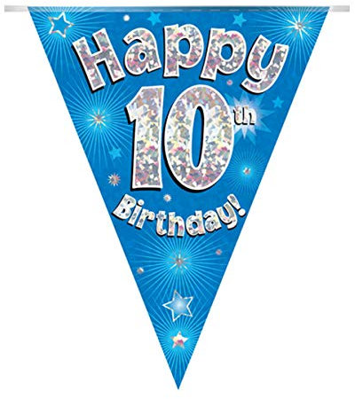Party-Wimpelkette Happy 10th Birthday, blau, holografisch, 11 Flaggen, 3,9 m