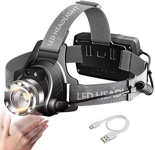 AIWEIYER Zoomable LED Head Torch Headlamp, Motion Sensor USB Rechargeable Headlight, Waterproof Helmet Light, 90° Rotatable Adjustable Head Lamp with Red Safety Light for Runners Fishing Cycling