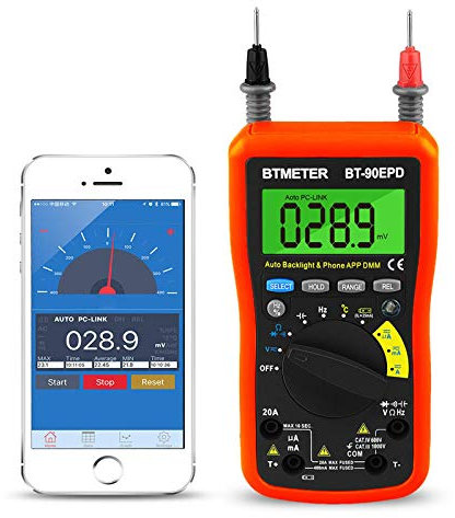 Digital Multimeter Bluetooth,BT-90EPD Ohmmeter Bluetooth Multi Meter APP Auto Range 4000 Counts with Phone APP&Auto Backlit,AC&DC Voltage,Current,Resistance,Cap,Hz,Duty Cycle,Temperature,Battery Test