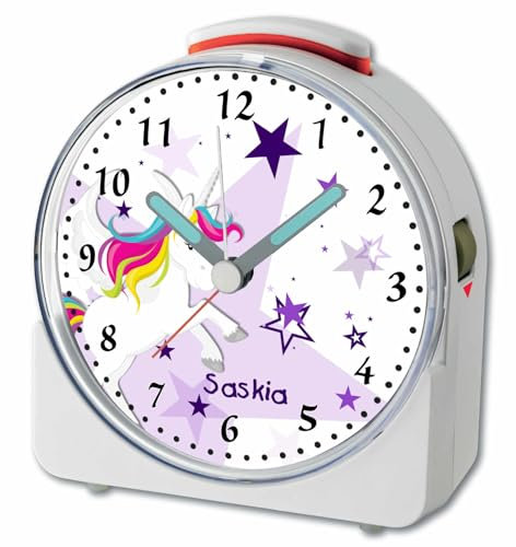 CreaDesign, WU-71-1129-05, Einhorn Lila, analog Kinderwecker weiß, Funkwecker mit Sweep-Uhrwerk und fluoreszierenden Zeiger und Licht, personlisiert mit Namen, 10,2 x 4,6 x 11 cm