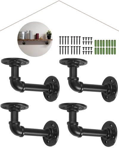 HOMGEN 4Pack Industrial Pipe Shelf Brackets Iron Pipe Floating Shelf Brackets Withstand 20KG Heavy Duty Shelf Bracket with Screw Accessories Wall Brackets for Bookshelf Scaffolding Board (15 X 8 cm)