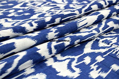 Voile-Ekat-Handblock-Stoff für florales Ikat-Druck, Baumwolle, Nähen, Basteln, Schneidern, Laufen, natürliche Farbe, Sanganeri, indischer Blumendruckstoff, Meterware, Breite 111,8 cm (blau, 4,5 Yard)