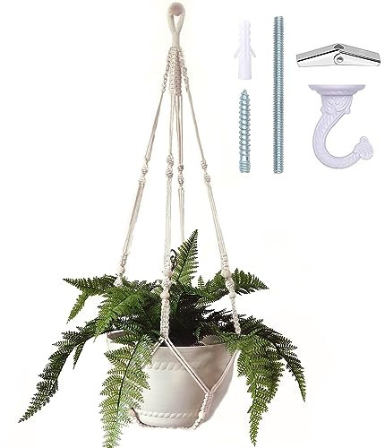 Bouqlife 43 Inches Macrame Plant Hanger Large for 12 inch Pot Extra Long No Tassel Cotton Rope Hanging Plant Holder with Ceiling Hook Bohemian Home Decor