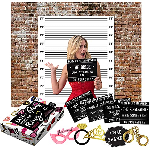 Deluxe Bachelorette Party Gift Box! Cloth Backdrop, 40 Unique Bachelorette Party Mugshots, Photo Booth Props Plus Game and Activity Instructions. Great for Girls Night Out, Stagette, Hen Parties!