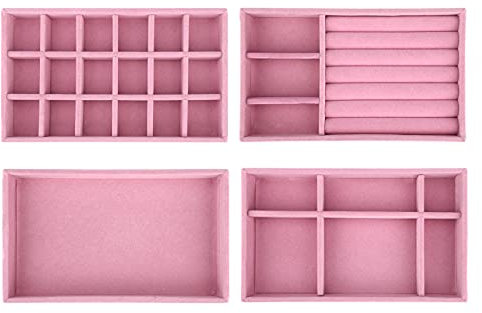 Jewelry Trays Organizer Set of 4 Velvet Stackable Jewellery Drawer Organiser Tray Earring Ring Necklace Bracelet Display Showcase Jewelry Storage Trays, 4 Style (Pink)