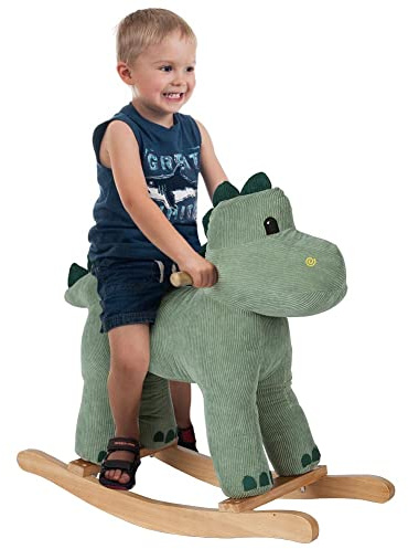 BAKAJI Dinosaurier Schaukelspielzeug für Kinder mit realistischen Geräuschen und Struktur aus Holz und hochwertigem Stoff Spielzeug für Kleinkinder Größe 64 x 26 x 55 cm
