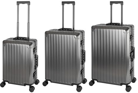 Travelhouse Tokyo 100% Alu Reisekofferset 3teilig Graphit, Handgepäck 55cm, Mittlerer Koffer 65cm und Großer Koffer 72cm 2X TSA Schlösser 4X Silent Move Doppelrollen