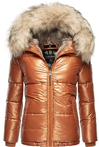 Navahoo Damen Winterjacke Steppjacke Tikunaa im Metallic-Look | Länge: hüftlang | Wärmegrad 3 von 3 – besonders warm | wasserabweisend | abnehmbarer Kunstfellbesatz