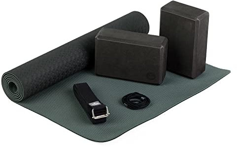 Bodhi Yoga Starter-Set Komplett | Set bestehend aus: 1 Yogamatte aus TPE, 2 Yoga-Bricks aus Eva (Moosgummi) und 1 Yoga-Gurt aus Baumwolle | Einsteiger-Set für Yoga-Anfänger (Schwarz)