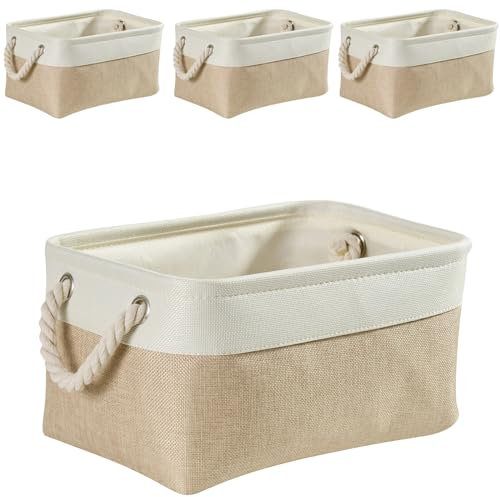 Mangata aufbewahrungskorb Stoff 4er Set, aufbewahrungsbox groß Schrank, Korb aufbewahrung Stoff mit Seil für Spielzeug, kleiderschrank, Regale, Kleidung (Faltbare, Hell Khaki Weiß)