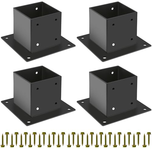 Grehitk 4×4 Post Base 4 Pcs,Deck Post Brackets,Inner Size 3.5x3.5 Thick Steel Fence Post Anchor Base,Black Powder Coated Heavy Fence Post,for Supports Porch Railing Post Holders Pergola Brackets
