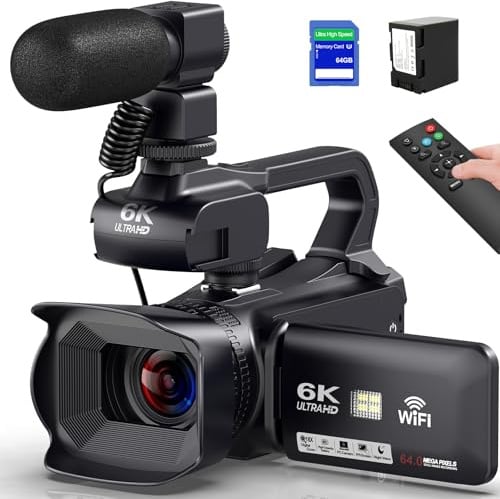 Caméscope 6K 64MP Écran Tactile 18X Zoom Numérique Vision Nocturne Infrarouge Vlogging Caméra pour YouTube, Caméra Vidéo WiFi avec Pile 4500mAh, Carte SD 64 Go,Stabilisateur,Microphone et Télécommande