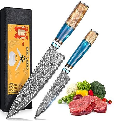 oFuun Küchenmessersets Damast Kochmesser Profi Messer, 2-Teilig Scharfes Küchenmesser Messer Chefmesser 20cm Japanisches Messer Damaststahl 67 Schichten mit Ergonomischem Griff Fleisch