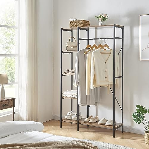 [en.casa] Portant à Vêtements Moderne Garde-Robe Ouverte Penderie avec Étagères Meuble de Rangement Métal Panneau de Particules 170 x 100 x 35 cm Noir Effet Bois