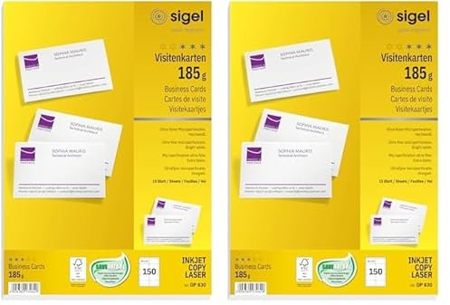 SIGEL DP830 bedruckbare Visitenkarten hochweiß, 150 Stück (15 Blatt), 185 g, 85x55 mm (Packung mit 2)