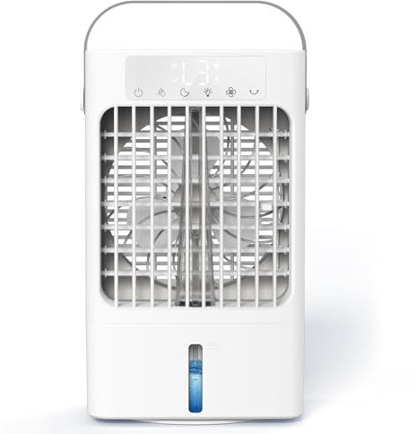 SUPOOBE Klimaanlage Mobil, 900ml Wassertank Mobiles Klimagerät, Mini Luftkühler mit Wasserkühlung, 3 Windgeschwindigkeiten & 2 Feuchtigkeits Modi, 90°Oszillation, 1-8H Timer, 7 Farben Licht für Zimmer