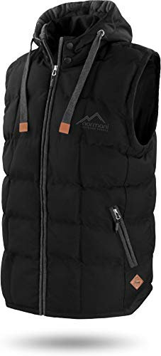 normani OUTDOOR SPORTS Wattierte Steppweste Bodywarmer - 100% Winddichte Outdoor Weste mit Lederpatch, Kapuze und Stehkragen Farbe Dunkelschwarz Größe 5XL/62