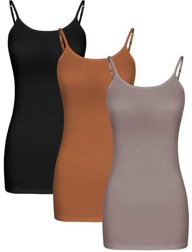 WILLBOND Lange Basic-Tanktops für Damen, verstellbare Spaghettiträgern, Camisole-Oberteil, 3 Stück, X-Groß