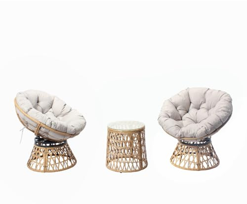 CONCEPT Fábrica Salón de Jardín Bajo 2 Plazas PAPAZAN Ratán Beige | Sillones giratorios 360°, mesa de centro redonda de cristal, estructura de acero epoxi: relajación amigable al aire libre.