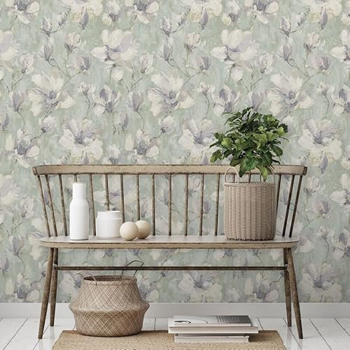 SOPHIE LAURENCE Camilla Floral Sage Non-Woven Vinyl Wallpaper - Textured, Dry Strippable - Sage Green, Ivory, and Grey Magnolia Pattern - 0.53m x 10.05m