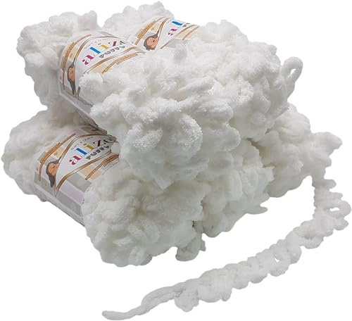 500 Gramm Puffy Schlaufenwolle Ilkadim Export, 5 x 100 Gramm Fingerstrick - Wolle super bulky, Schlaufenwolle, Strickwolle, Stricken ohne Nadel (55 weiss)